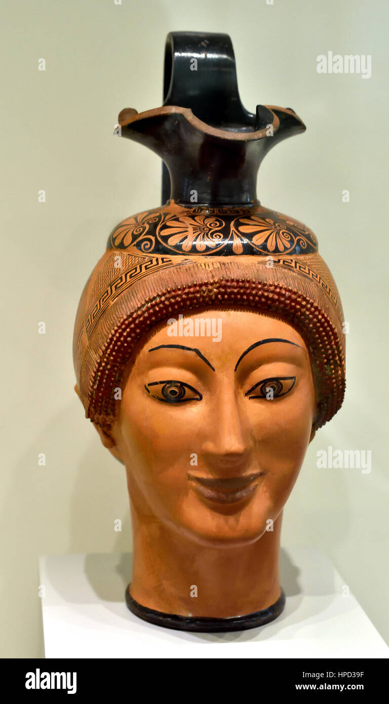 Woman`s Head Can , 490 BC,  Vulci Italy ceramic: Stock Photo